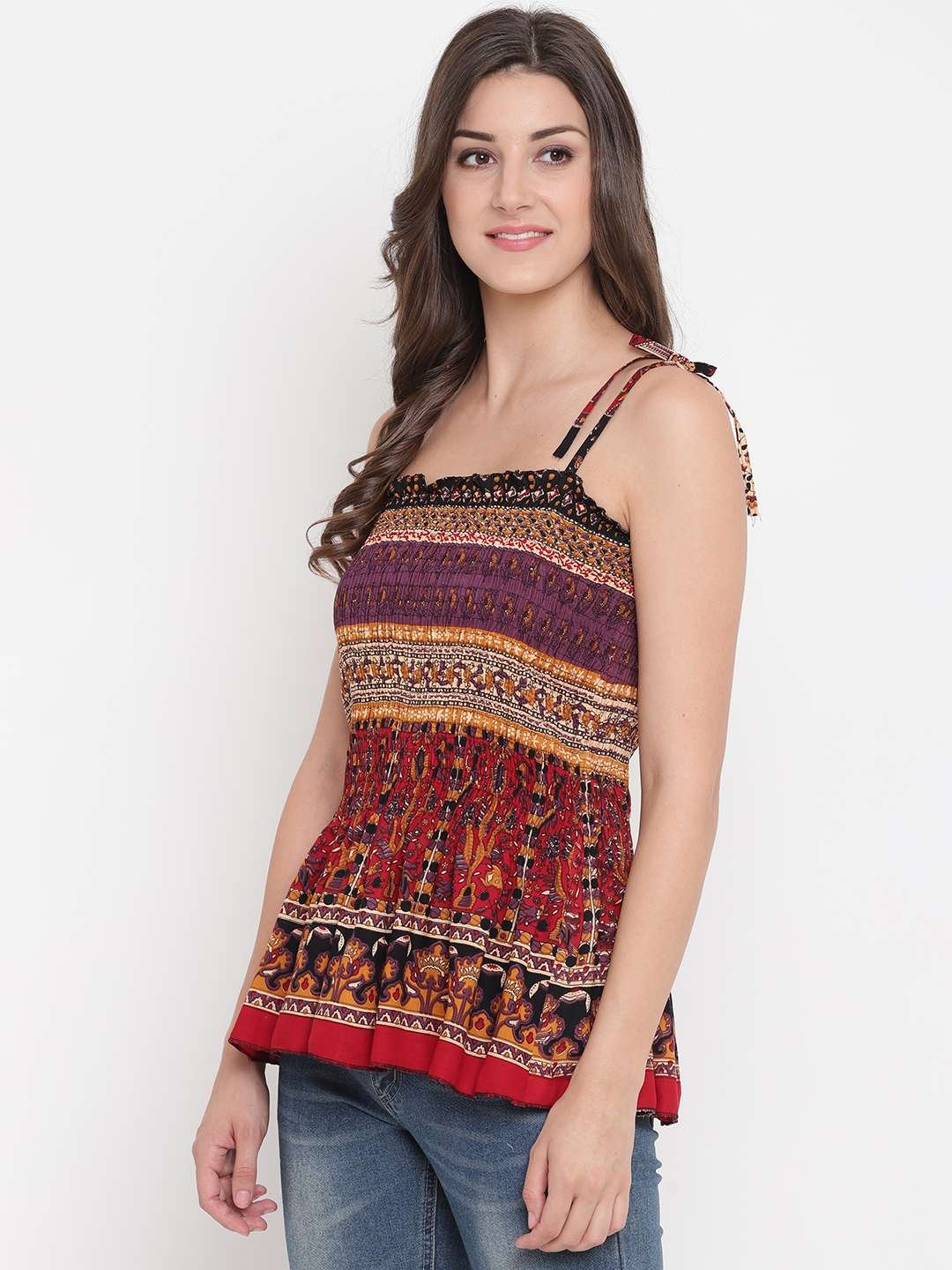 Women's Rayon Printed Casual Summer Style Tie Shoulder Straps Free Size Tank Top ( Multi8)